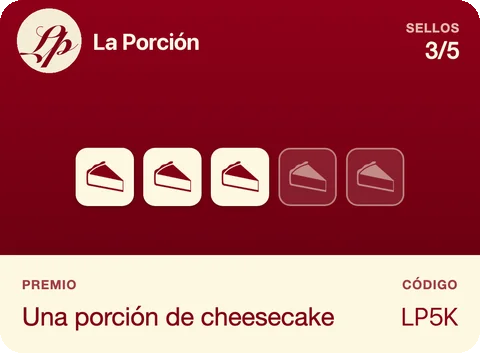 Tarjeta de sellos digital: 3 de 5 sellos, premio una porción de cheesecake